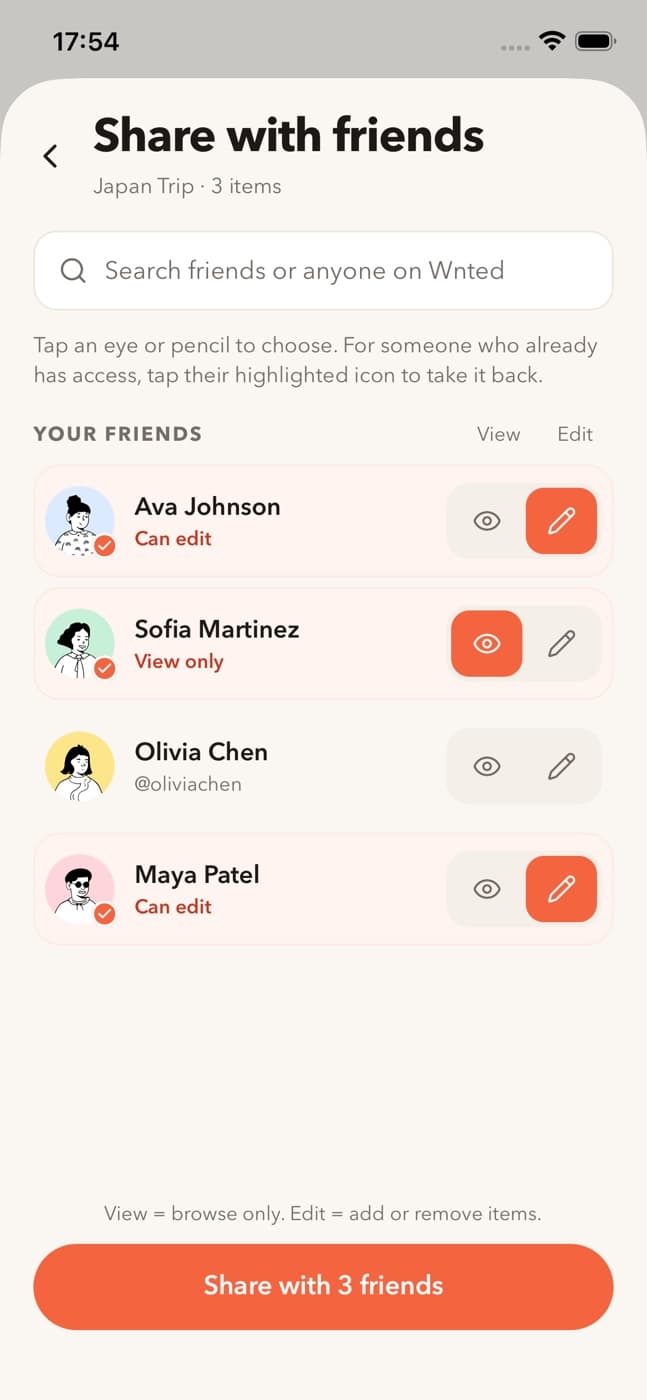 The Share with friends screen for a Japan Trip list: two friends can edit, one can view only.