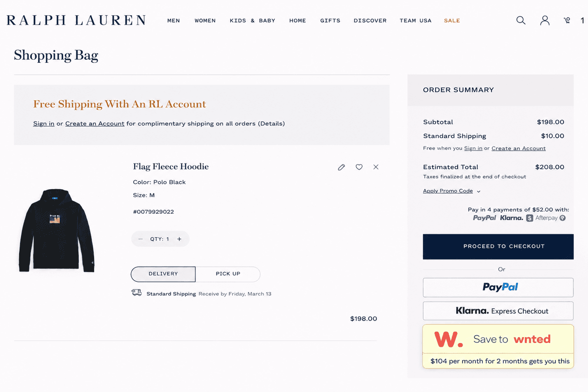 Save to wnted checkout plugin on Ralph Lauren
